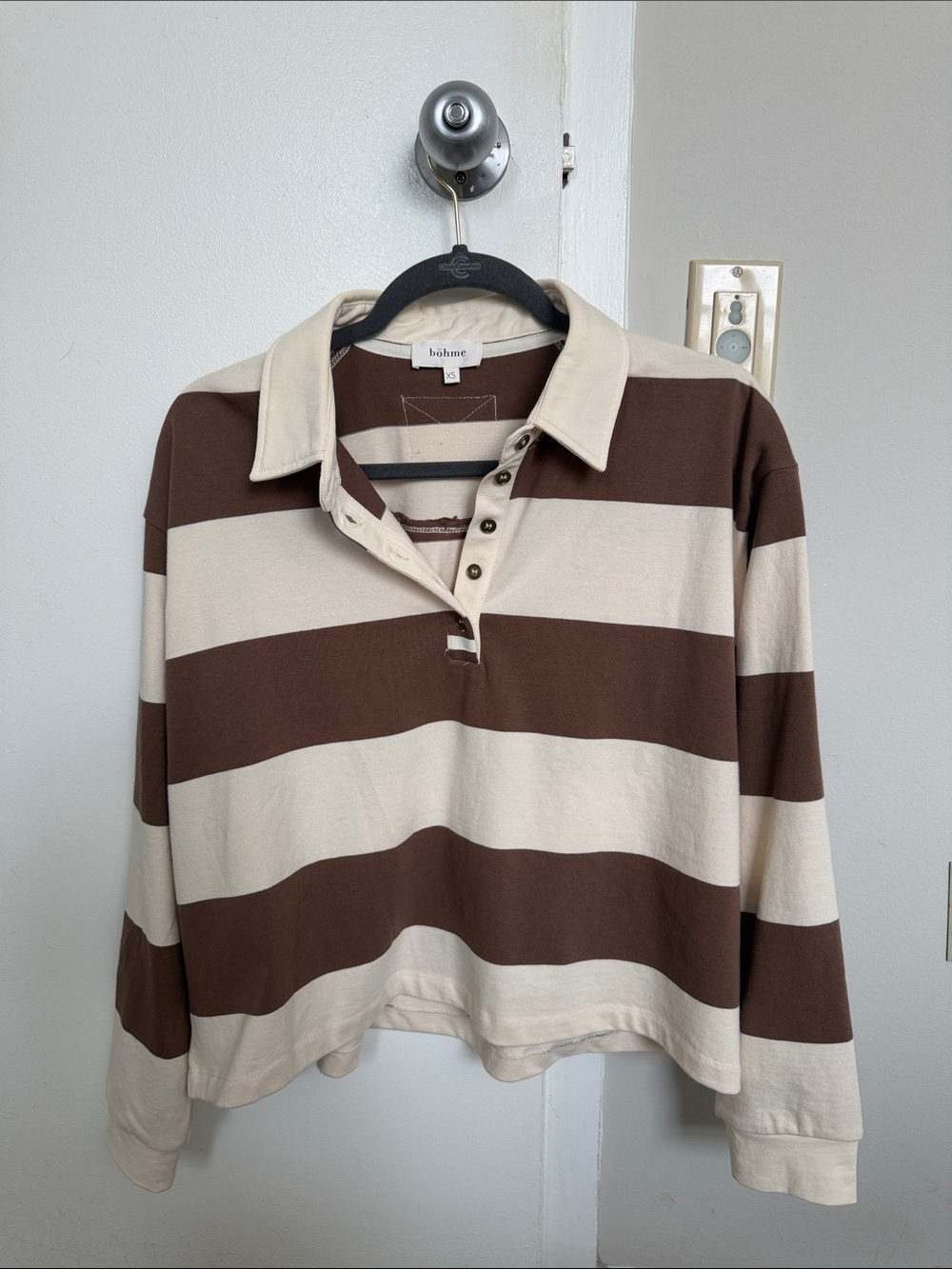 bohme Brown and Cream Striped V-Neck Rugby Sweater